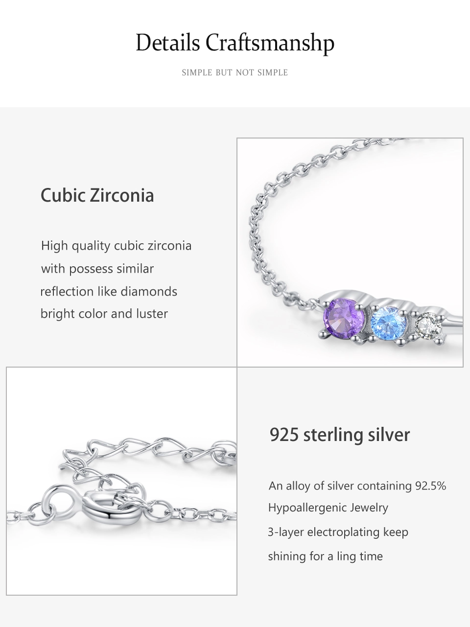 Colored Zircon Line Design Chain Bracelet 925 Sterling Silver