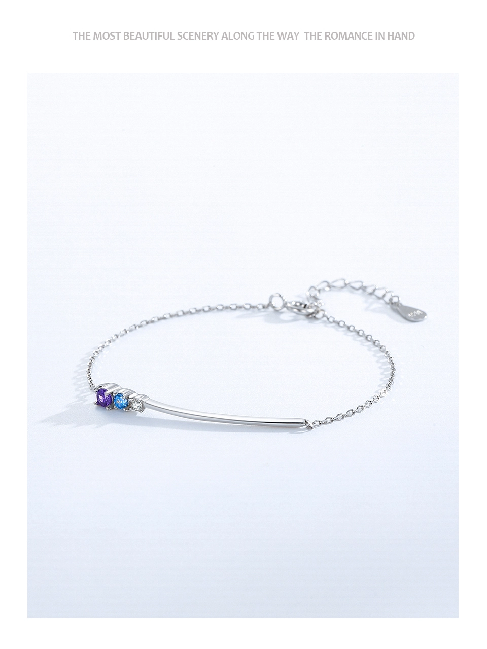 Colored Zircon Line Design Chain Bracelet 925 Sterling Silver