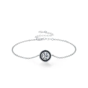 Vintage Round White Black Zircon Chain Bracelet 925 Sterling Silver