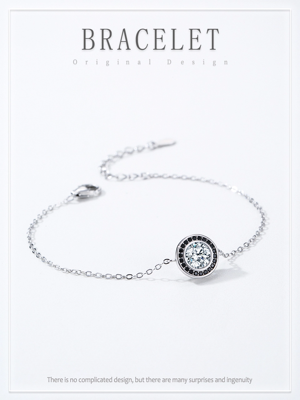 Vintage Round White Black Zircon Chain Bracelet 925 Sterling Silver