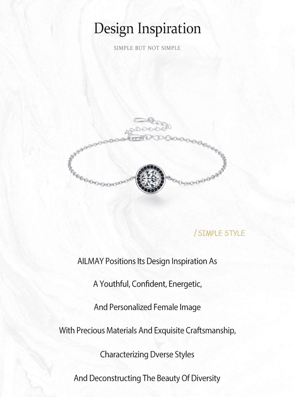 Vintage Round White Black Zircon Chain Bracelet 925 Sterling Silver