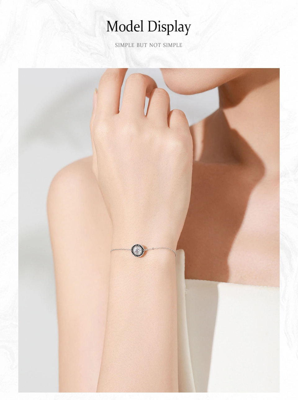 Vintage Round White Black Zircon Chain Bracelet 925 Sterling Silver