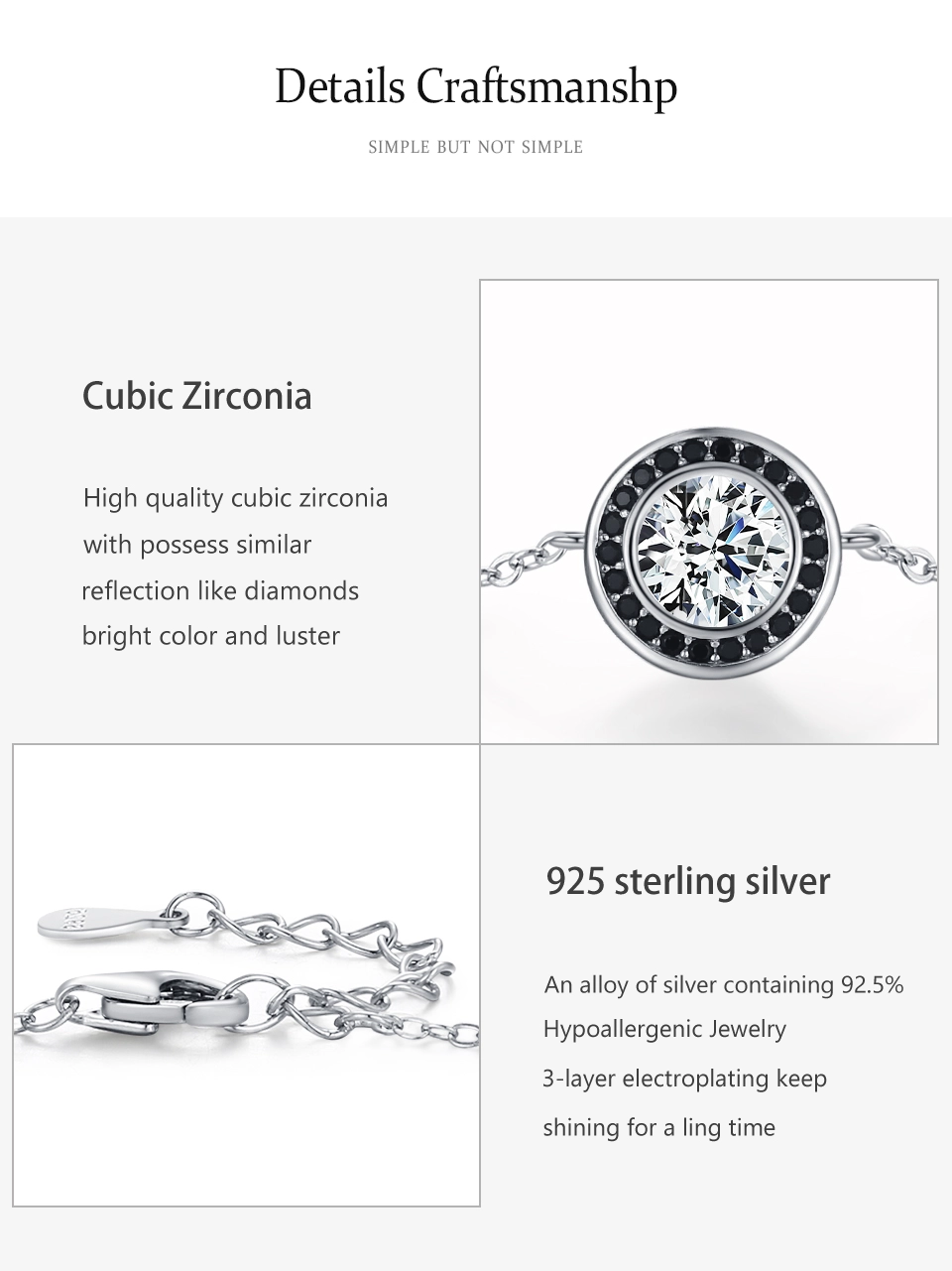 Vintage Round White Black Zircon Chain Bracelet 925 Sterling Silver