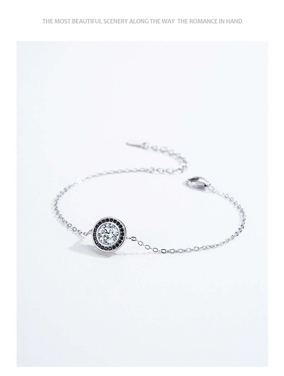 Vintage Round White Black Zircon Chain Bracelet 925 Sterling Silver