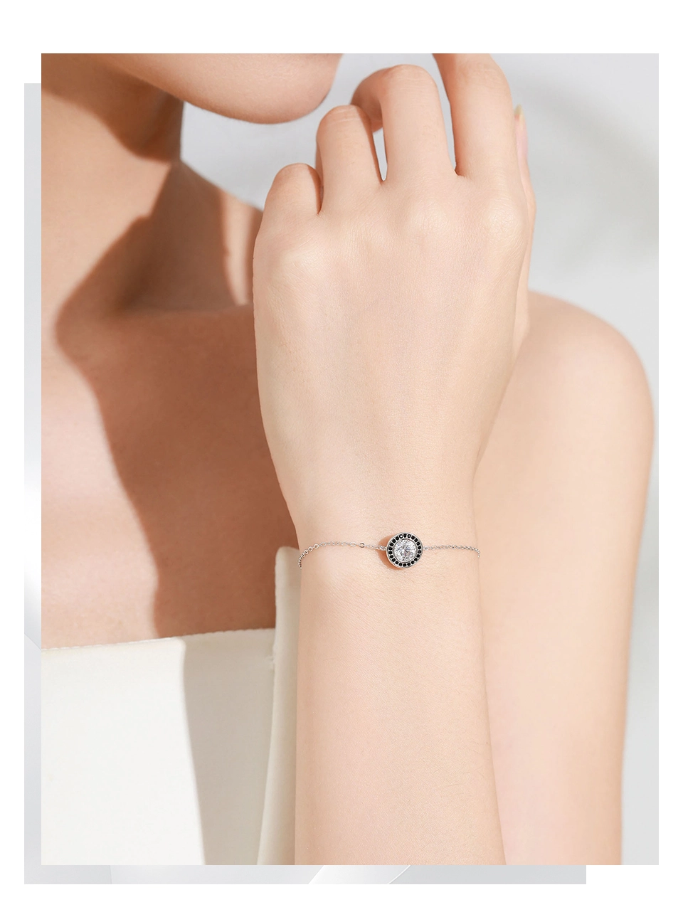 Vintage Round White Black Zircon Chain Bracelet 925 Sterling Silver