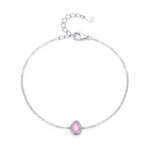 Romantic Pink Water Droplet Shaped Zircon Chain Bracelet 925 Sterling Silver