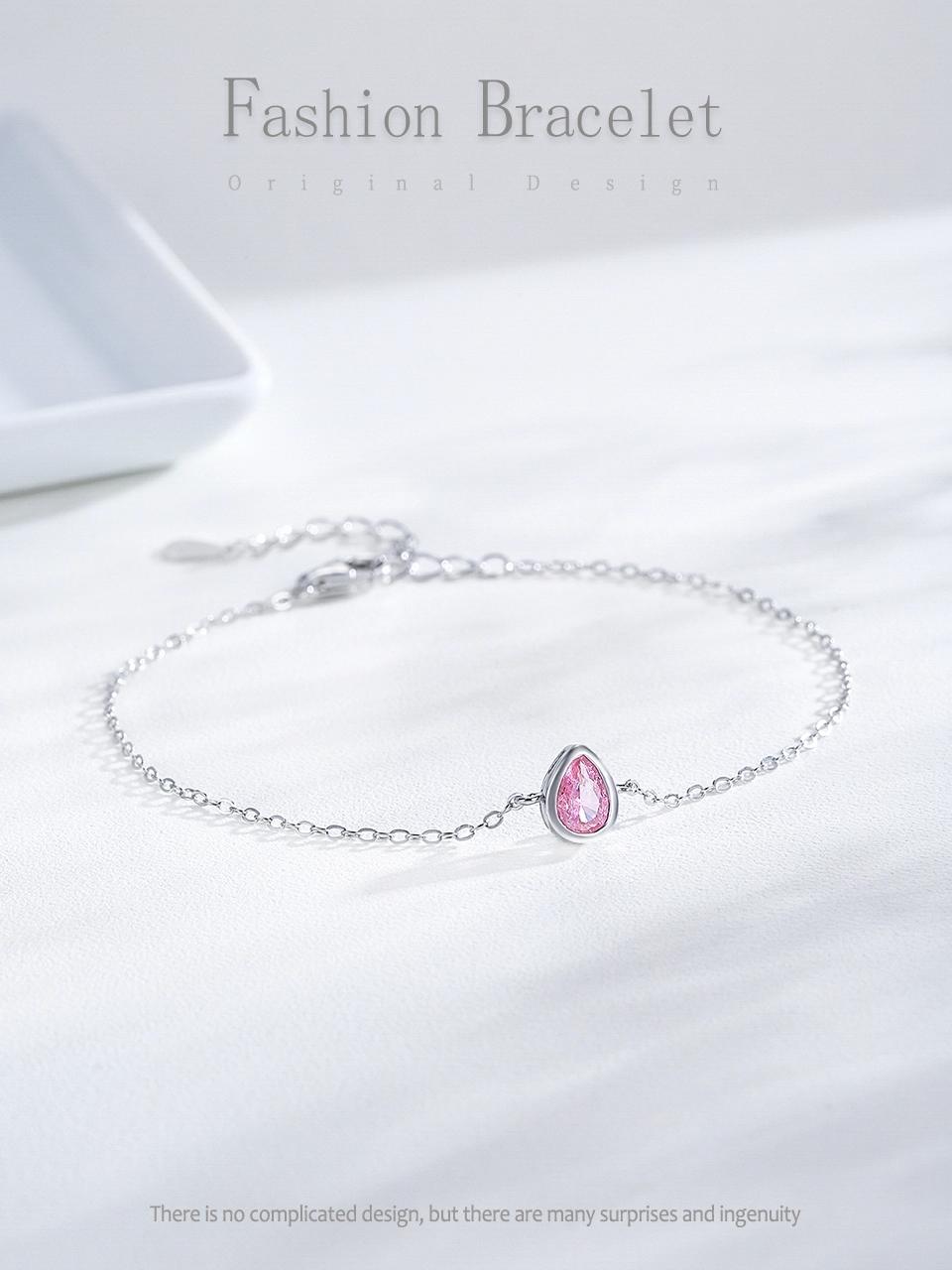 Romantic Pink Water Droplet Shaped Zircon Chain Bracelet 925 Sterling Silver