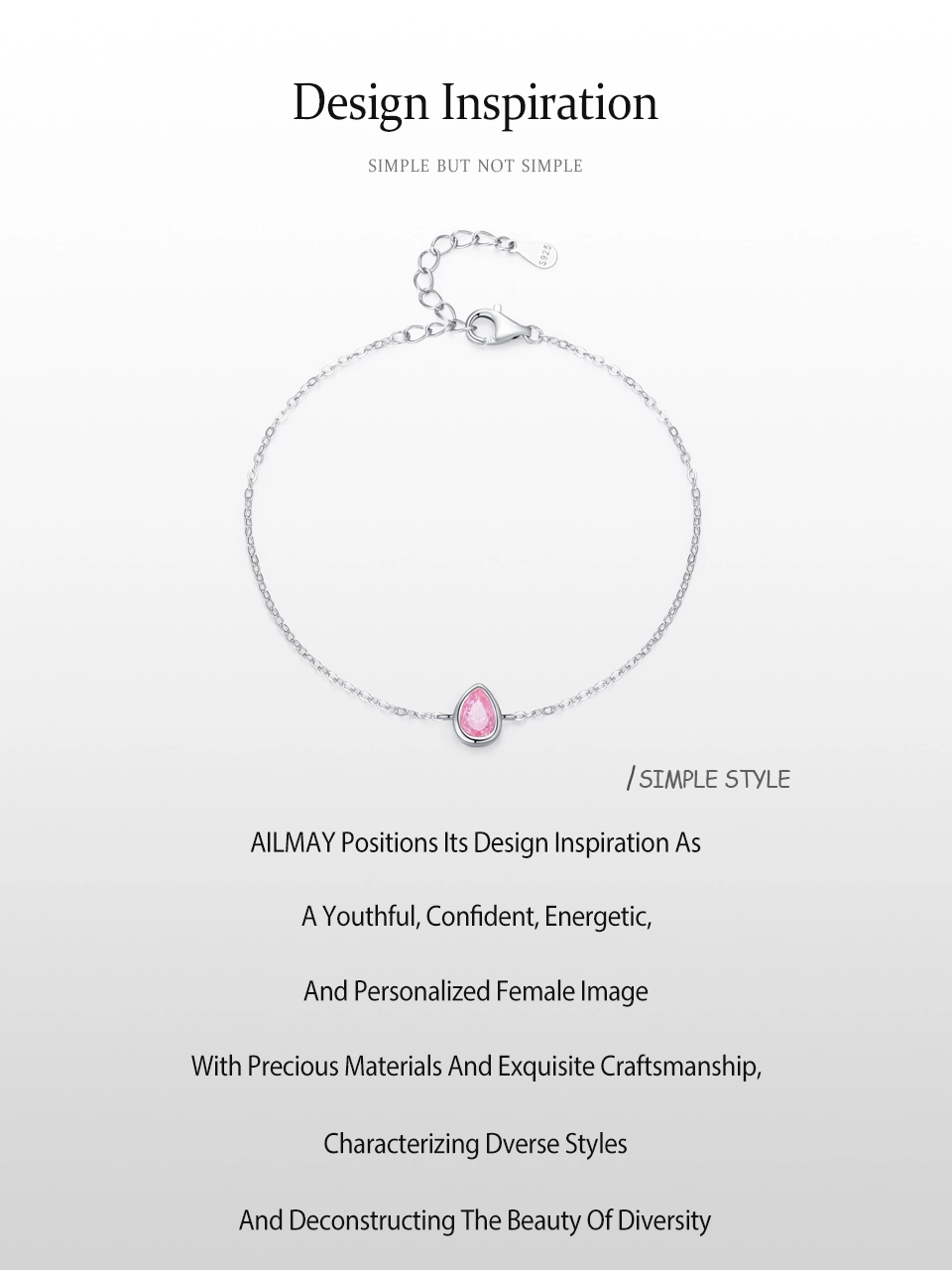 Romantic Pink Water Droplet Shaped Zircon Chain Bracelet 925 Sterling Silver