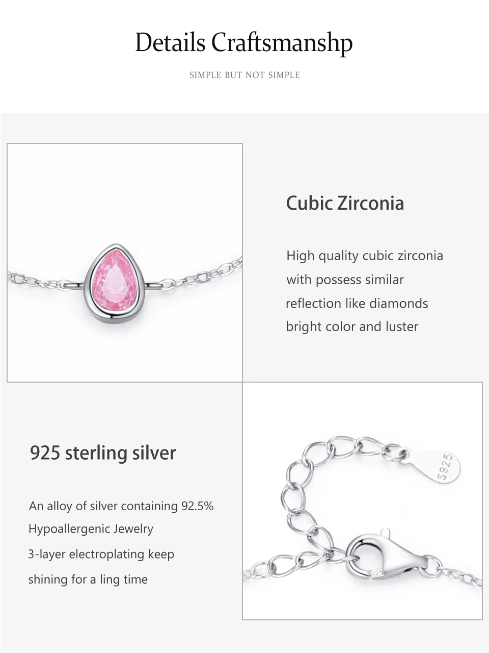 Romantic Pink Water Droplet Shaped Zircon Chain Bracelet 925 Sterling Silver