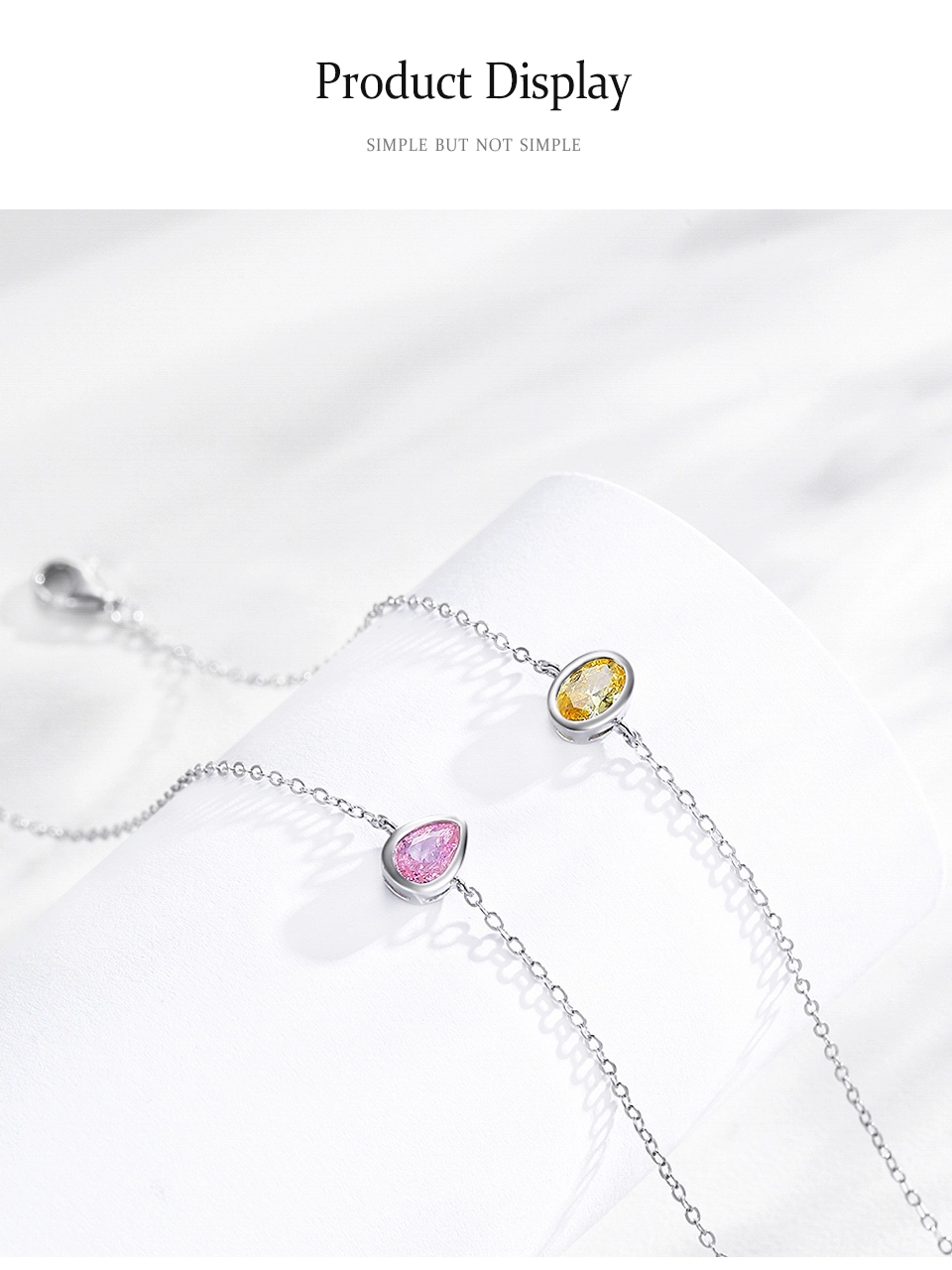 Romantic Pink Water Droplet Shaped Zircon Chain Bracelet 925 Sterling Silver