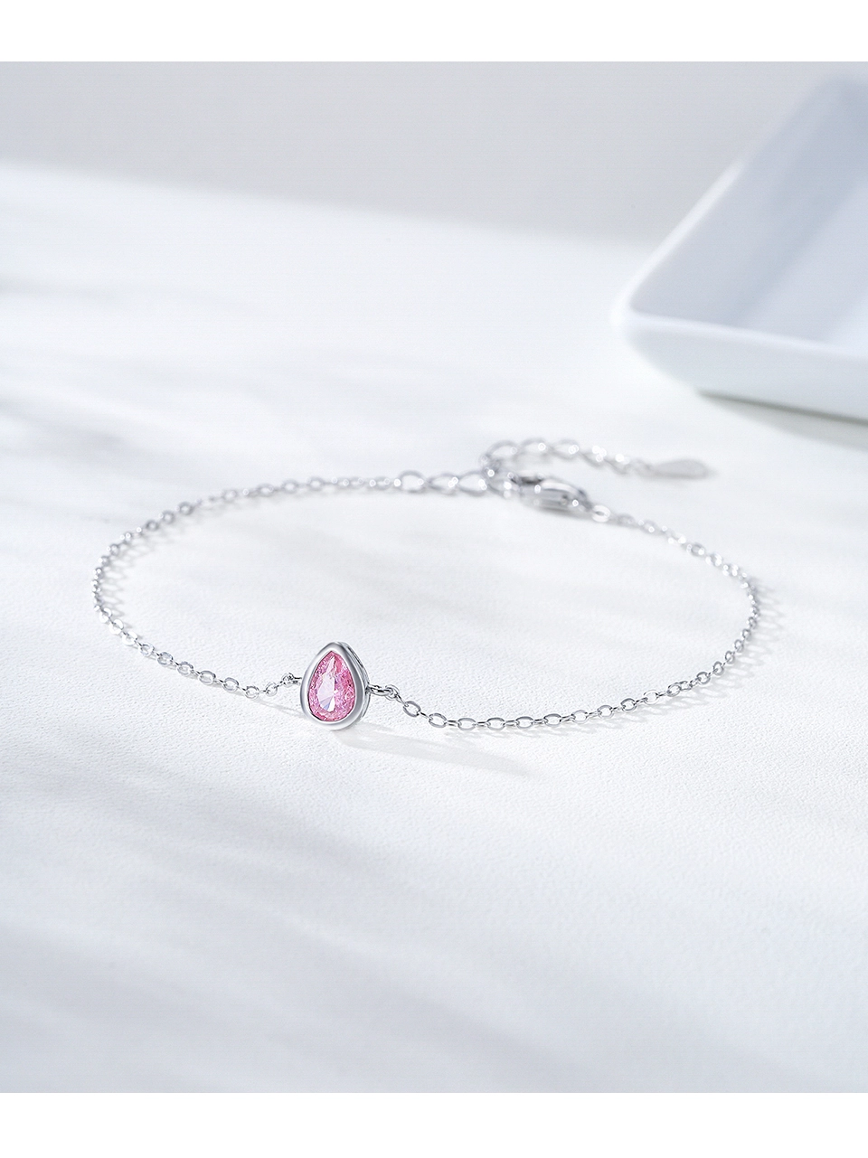 Romantic Pink Water Droplet Shaped Zircon Chain Bracelet 925 Sterling Silver