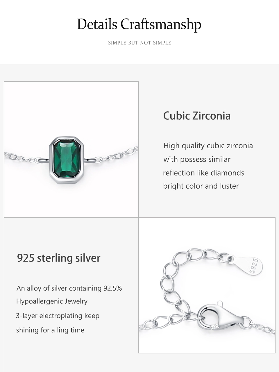 Vintage Green Rectangular Zircon Chain Bracelet 925 Sterling Silver