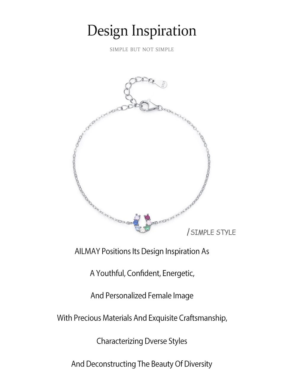 U-shaped Colored Zircon Letter Chain Bracelet 925 Sterling Silver