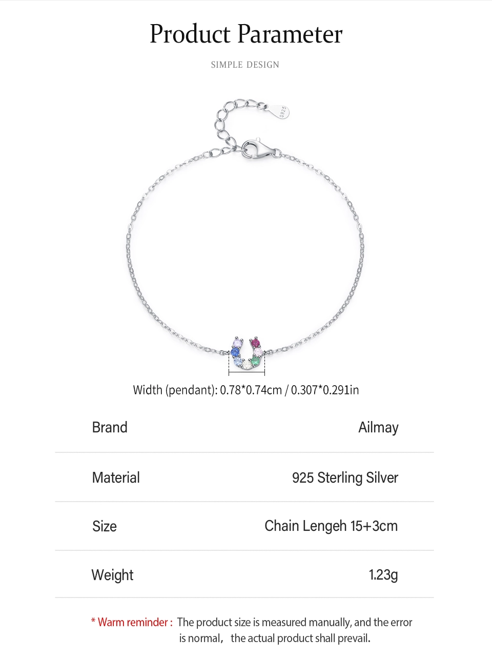 U-shaped Colored Zircon Letter Chain Bracelet 925 Sterling Silver