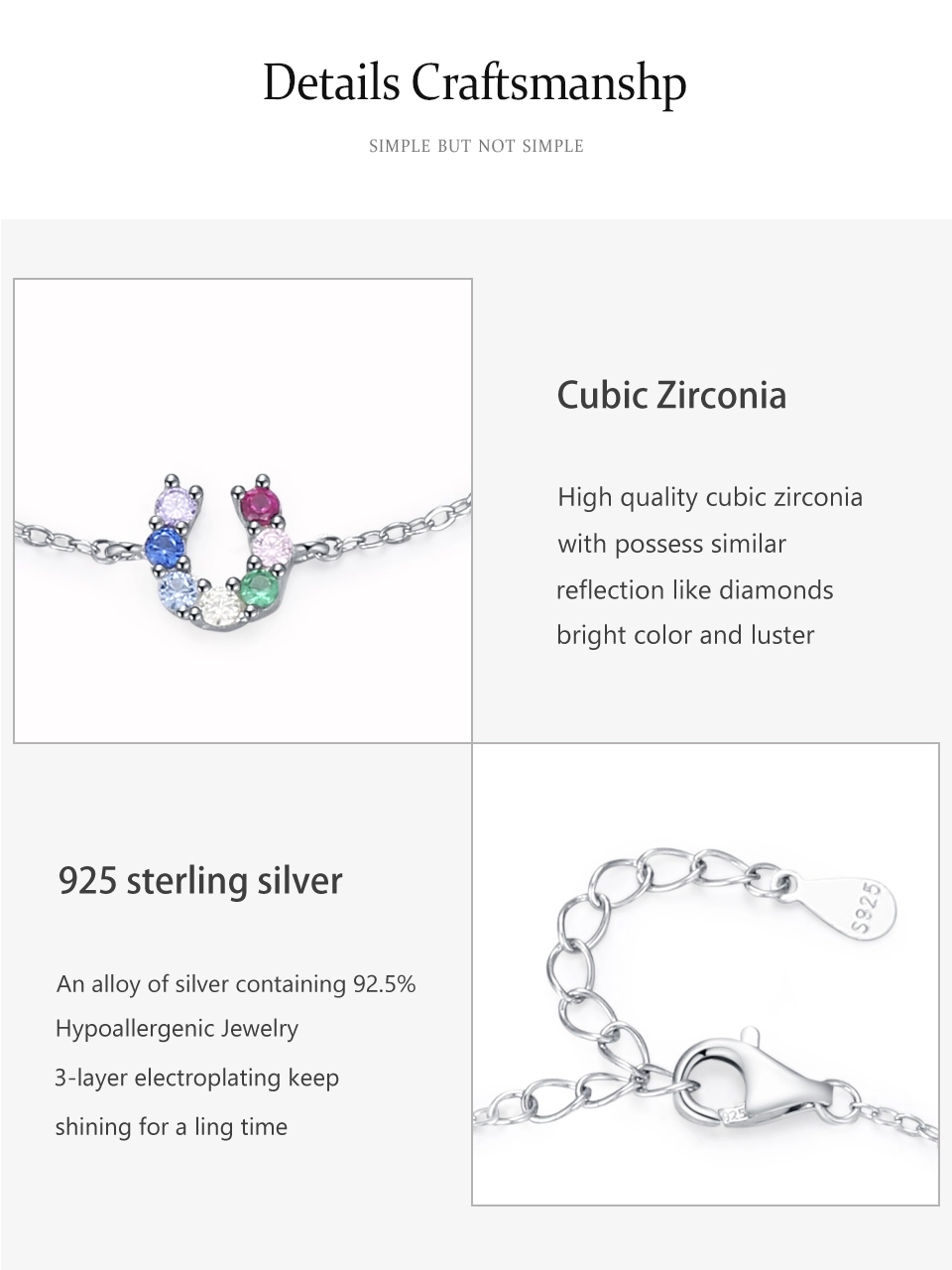 U-shaped Colored Zircon Letter Chain Bracelet 925 Sterling Silver