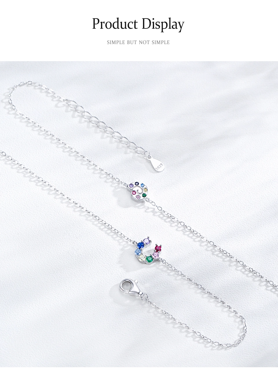 U-shaped Colored Zircon Letter Chain Bracelet 925 Sterling Silver