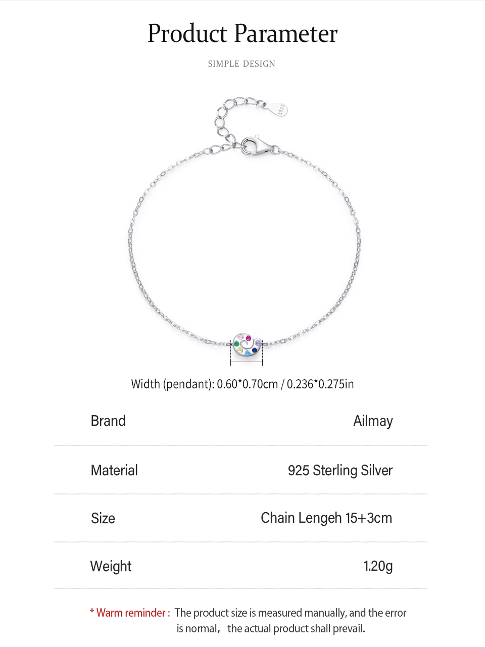 Cute Colored Zircon Snails Chain Bracelet 925 Sterling Silver