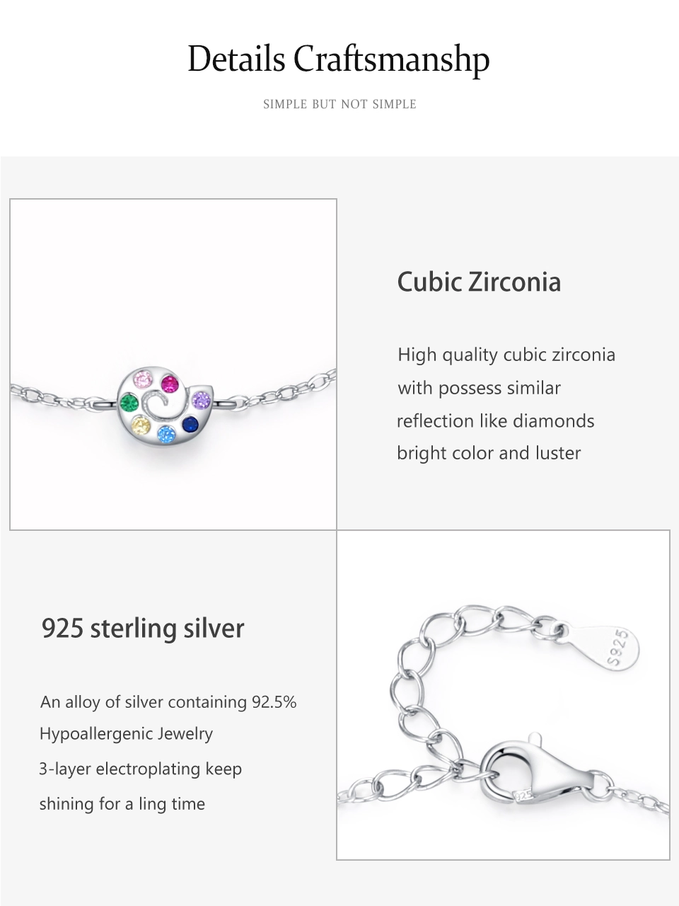 Cute Colored Zircon Snails Chain Bracelet 925 Sterling Silver
