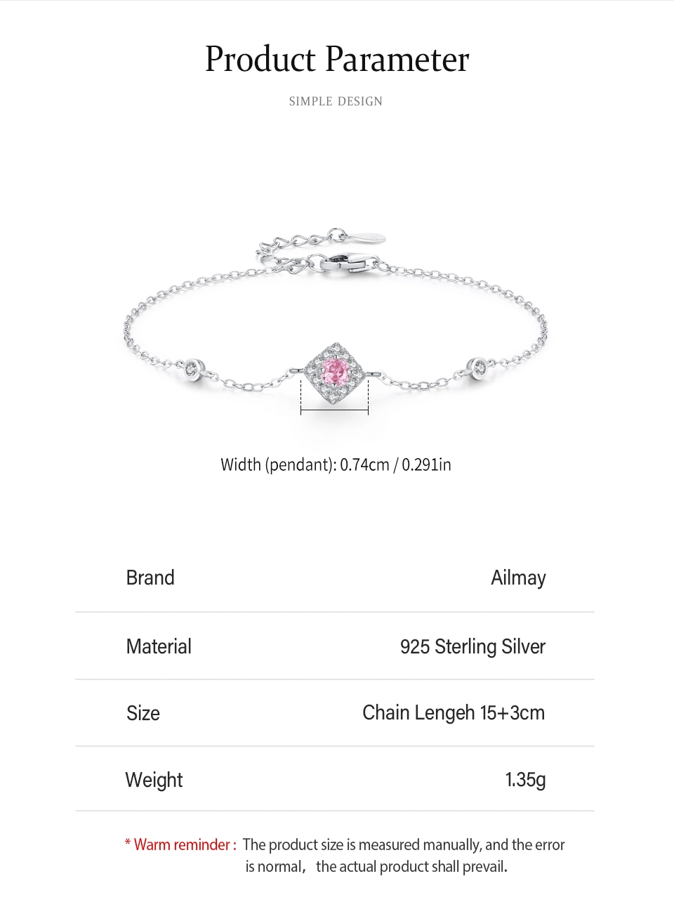 Sweet Pink Zircon Chain Bracelet 925 Sterling Silver