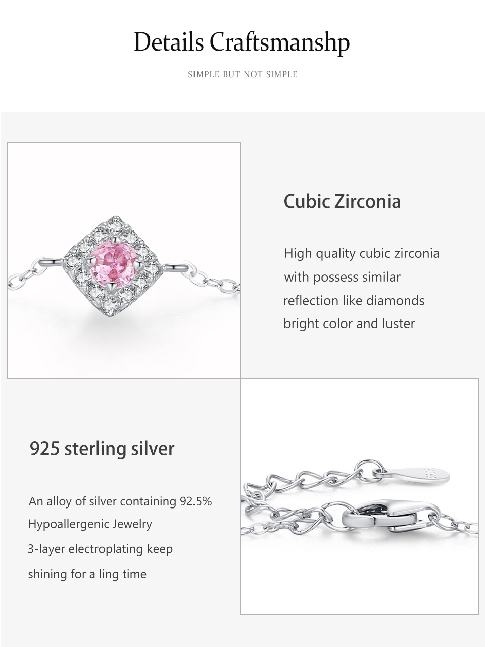 Sweet Pink Zircon Chain Bracelet 925 Sterling Silver