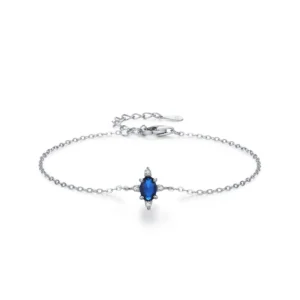 Vintage Blue Oval Zircon Chain Bracelet 925 Sterling Silver