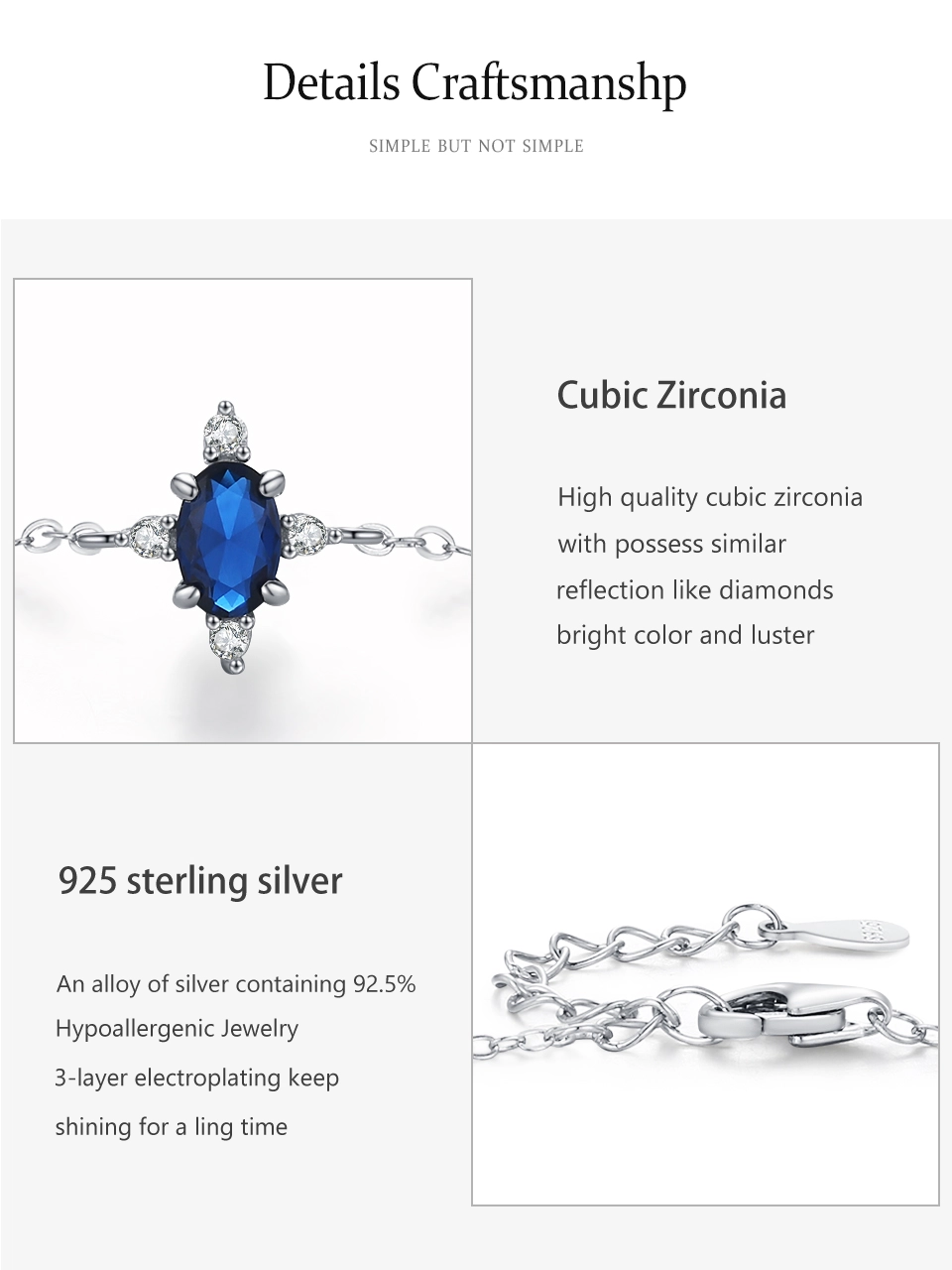 Vintage Blue Oval Zircon Chain Bracelet 925 Sterling Silver