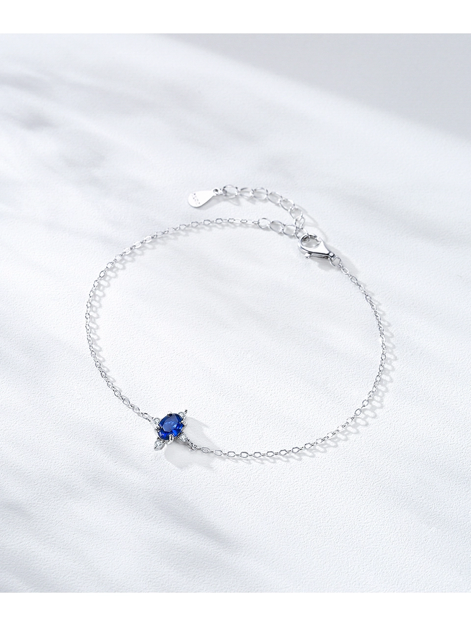 Vintage Blue Oval Zircon Chain Bracelet 925 Sterling Silver
