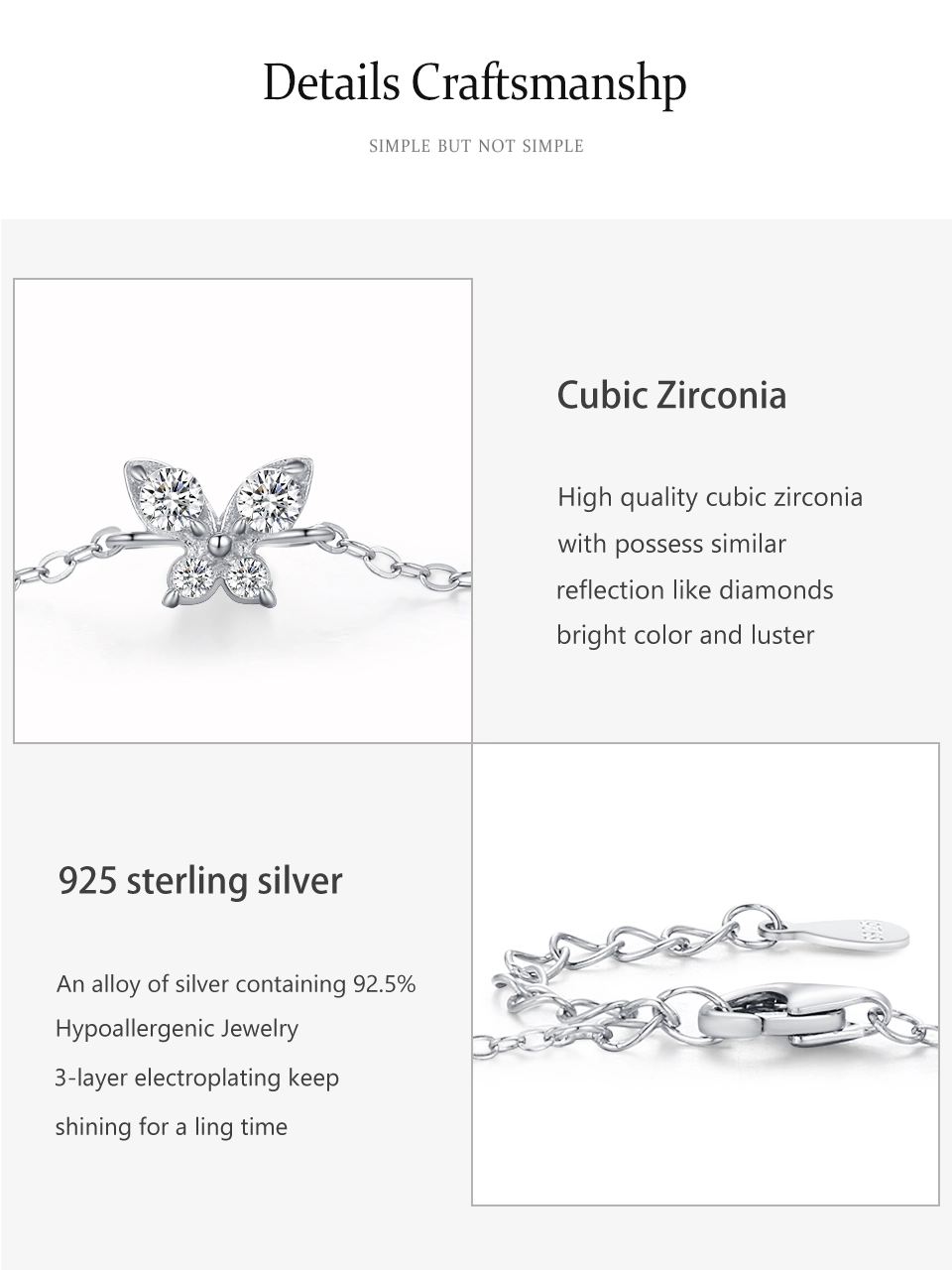 Sweet Shining Zircon Butterfly Chain Bracelet 925 Sterling Silver
