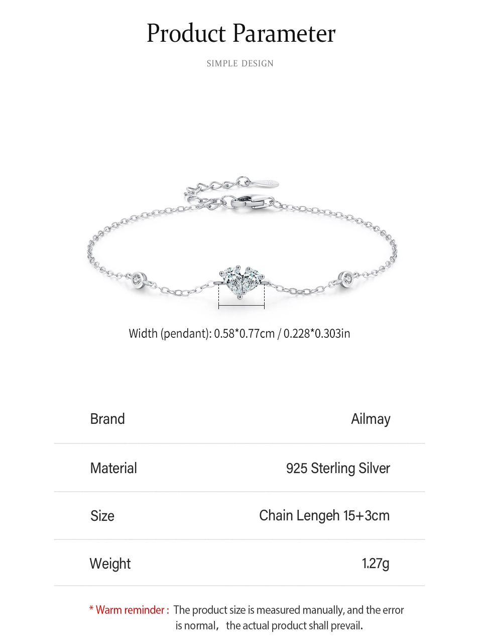 Classic Sweet Heart Fashion Chain Bracelet 925 Sterling Silver