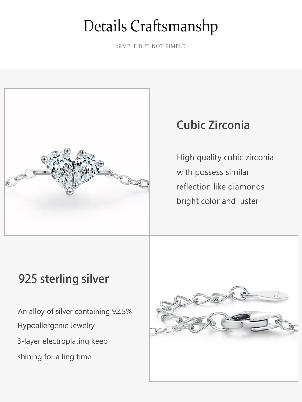 Classic Sweet Heart Fashion Chain Bracelet 925 Sterling Silver