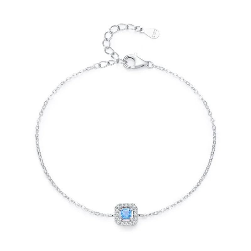 Sea Blue Zircon Geometry Square Chain Bracelet 925 Sterling Silver