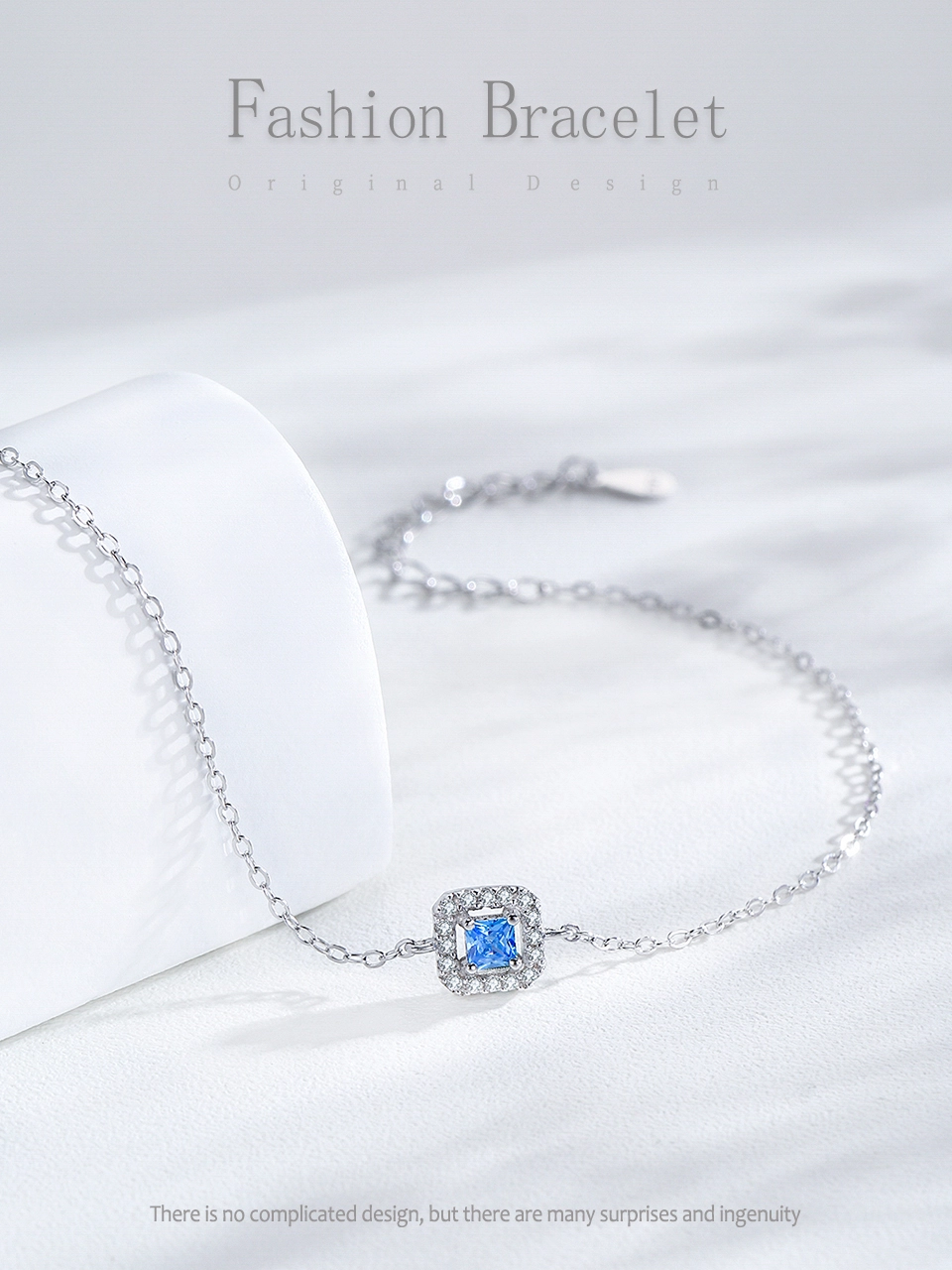 Sea Blue Zircon Geometry Square Chain Bracelet 925 Sterling Silver