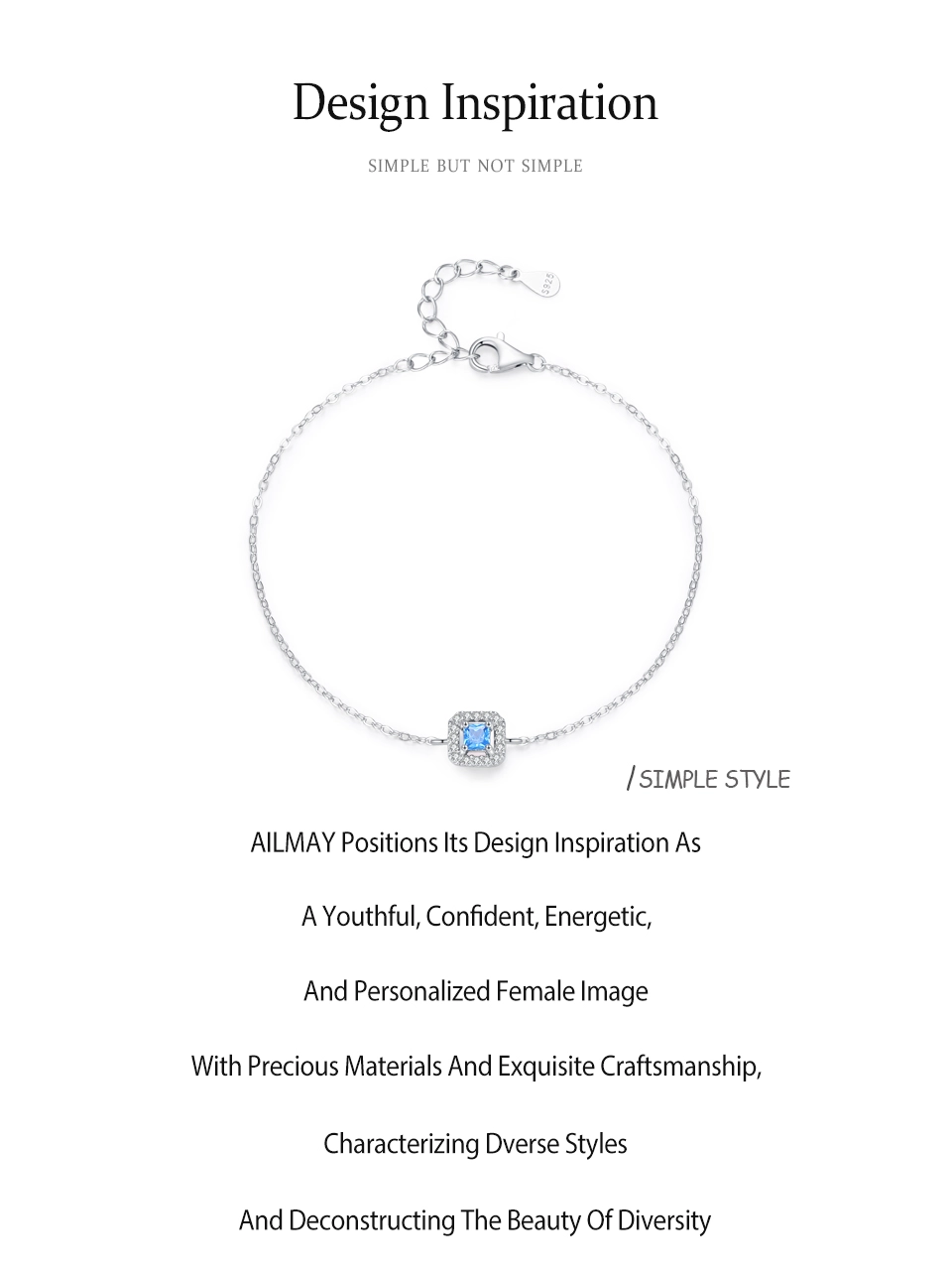 Sea Blue Zircon Geometry Square Chain Bracelet 925 Sterling Silver