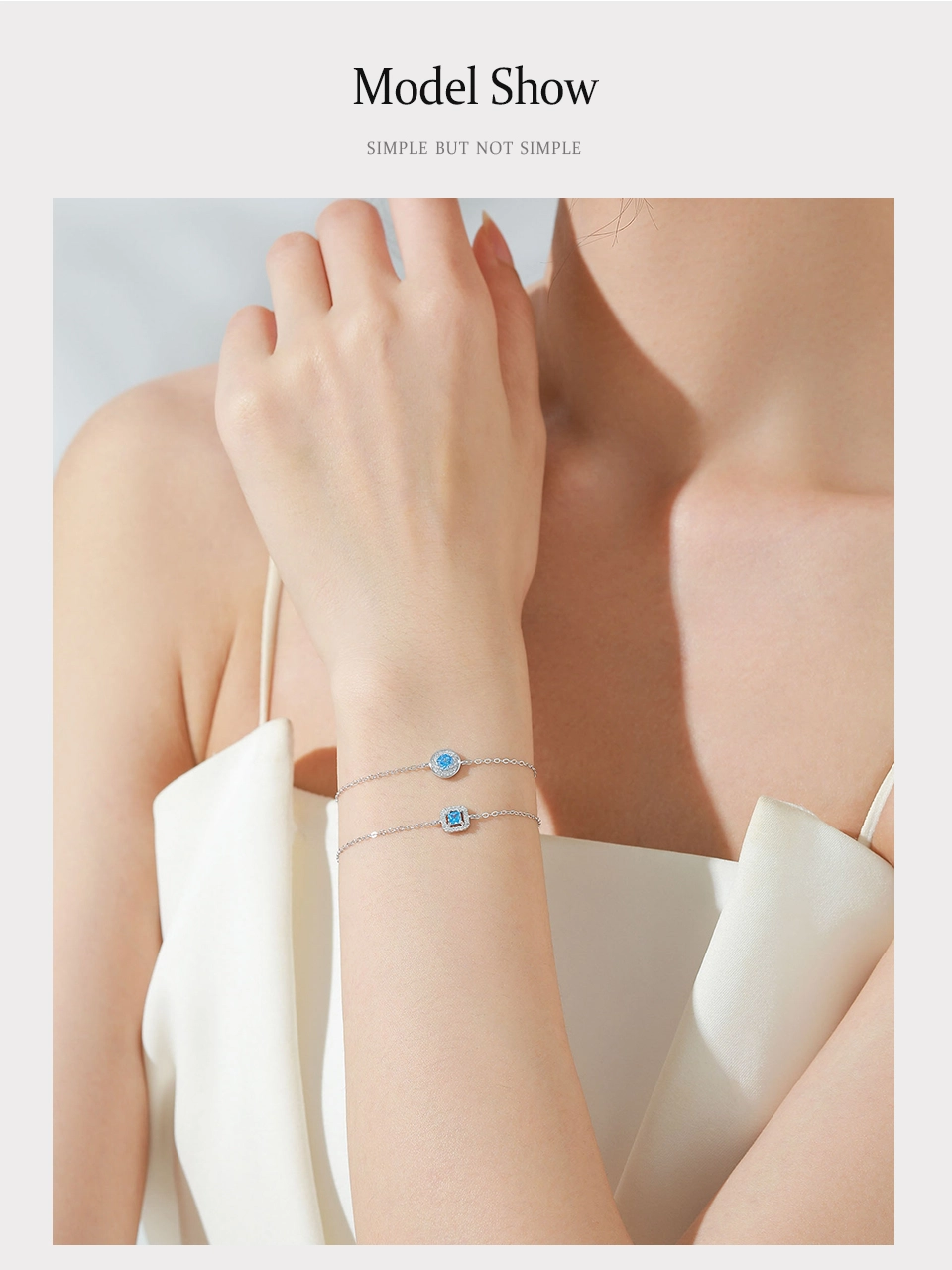 Sea Blue Zircon Geometry Square Chain Bracelet 925 Sterling Silver