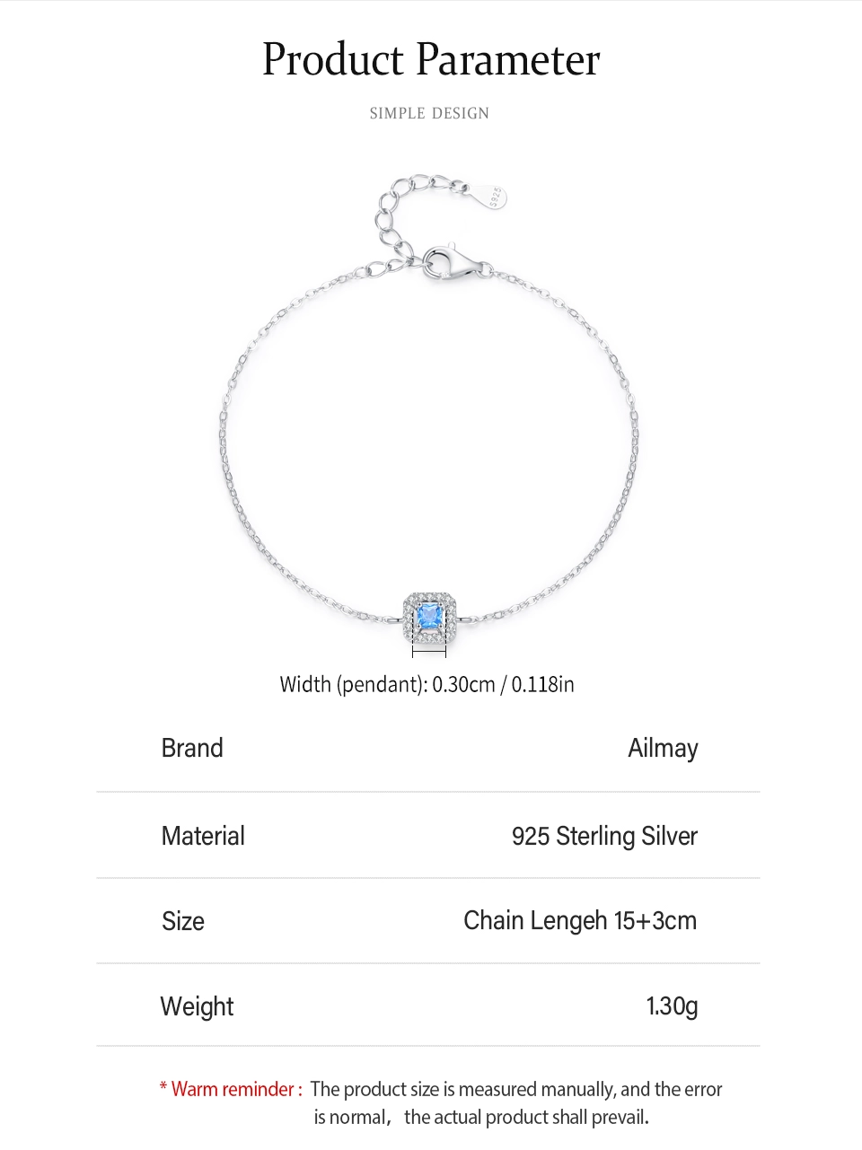 Sea Blue Zircon Geometry Square Chain Bracelet 925 Sterling Silver