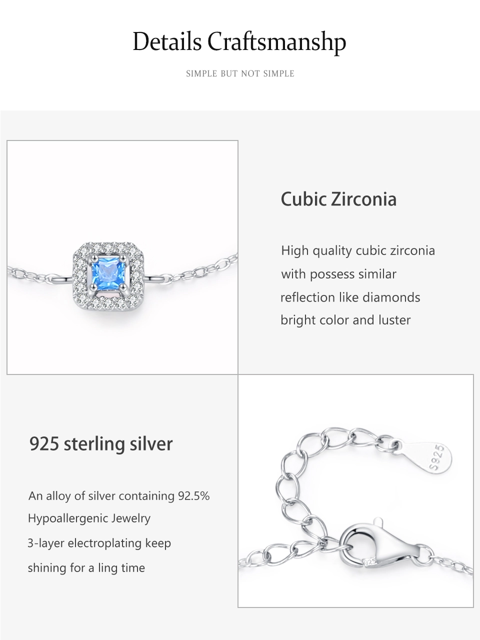 Sea Blue Zircon Geometry Square Chain Bracelet 925 Sterling Silver