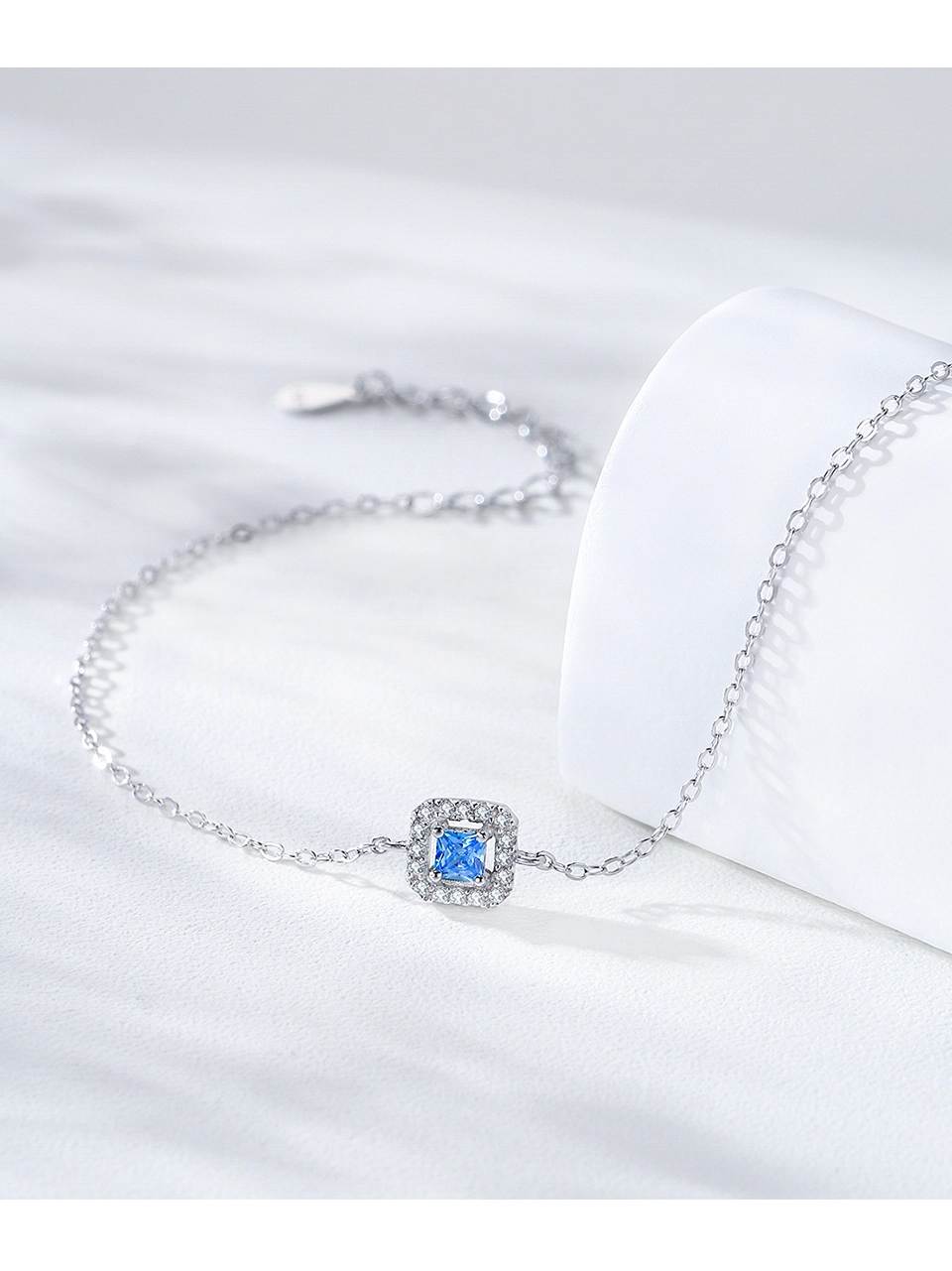 Sea Blue Zircon Geometry Square Chain Bracelet 925 Sterling Silver