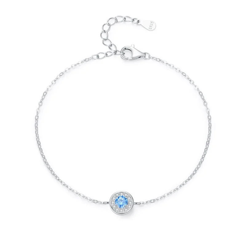 Trendy Round Sea Blue Zircon Chain Bracelet 925 Sterling Silver