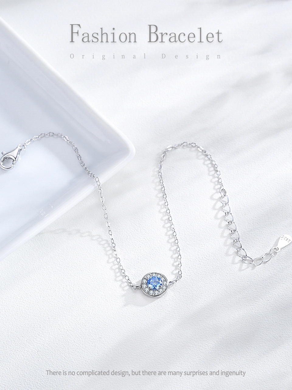 Trendy Round Sea Blue Zircon Chain Bracelet 925 Sterling Silver