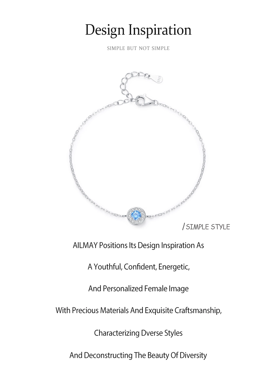 Trendy Round Sea Blue Zircon Chain Bracelet 925 Sterling Silver