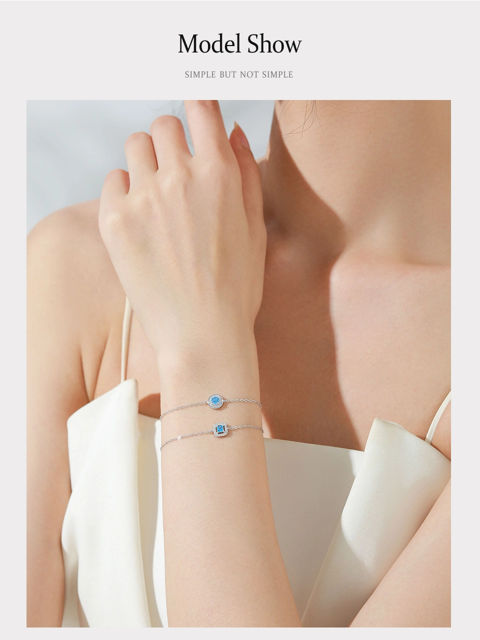 Trendy Round Sea Blue Zircon Chain Bracelet 925 Sterling Silver