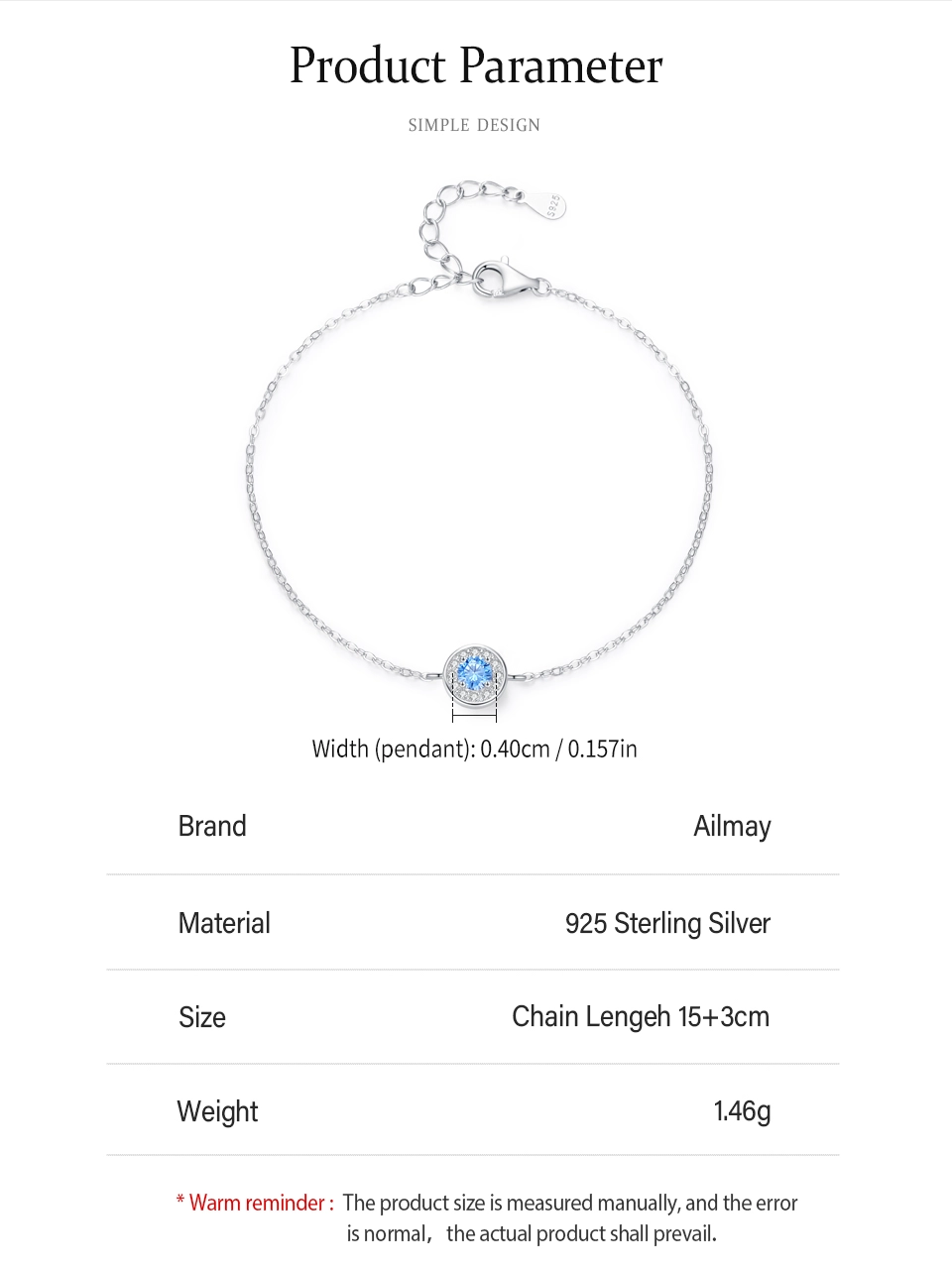 Trendy Round Sea Blue Zircon Chain Bracelet 925 Sterling Silver
