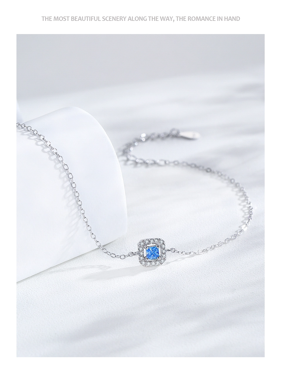Trendy Round Sea Blue Zircon Chain Bracelet 925 Sterling Silver