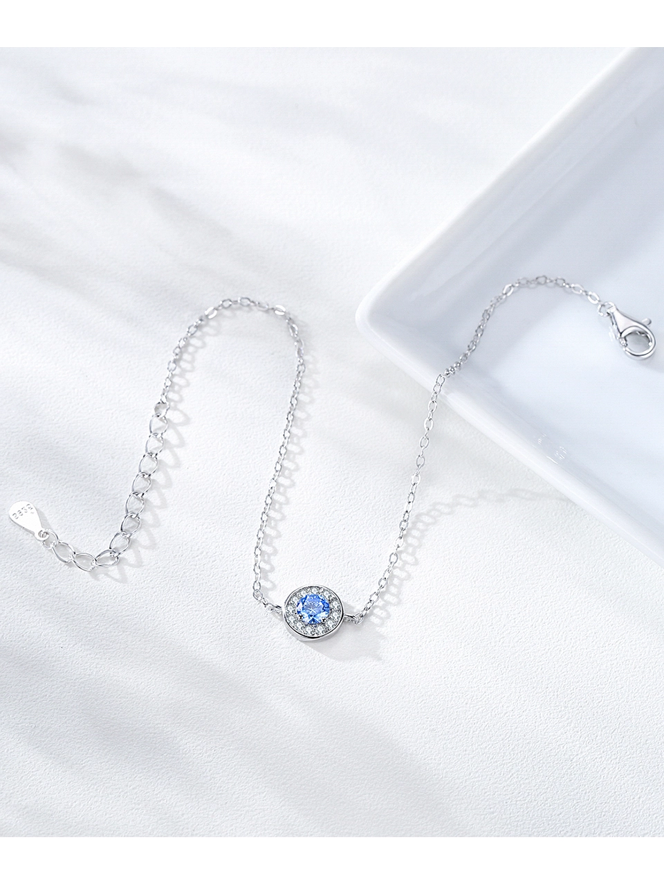 Trendy Round Sea Blue Zircon Chain Bracelet 925 Sterling Silver