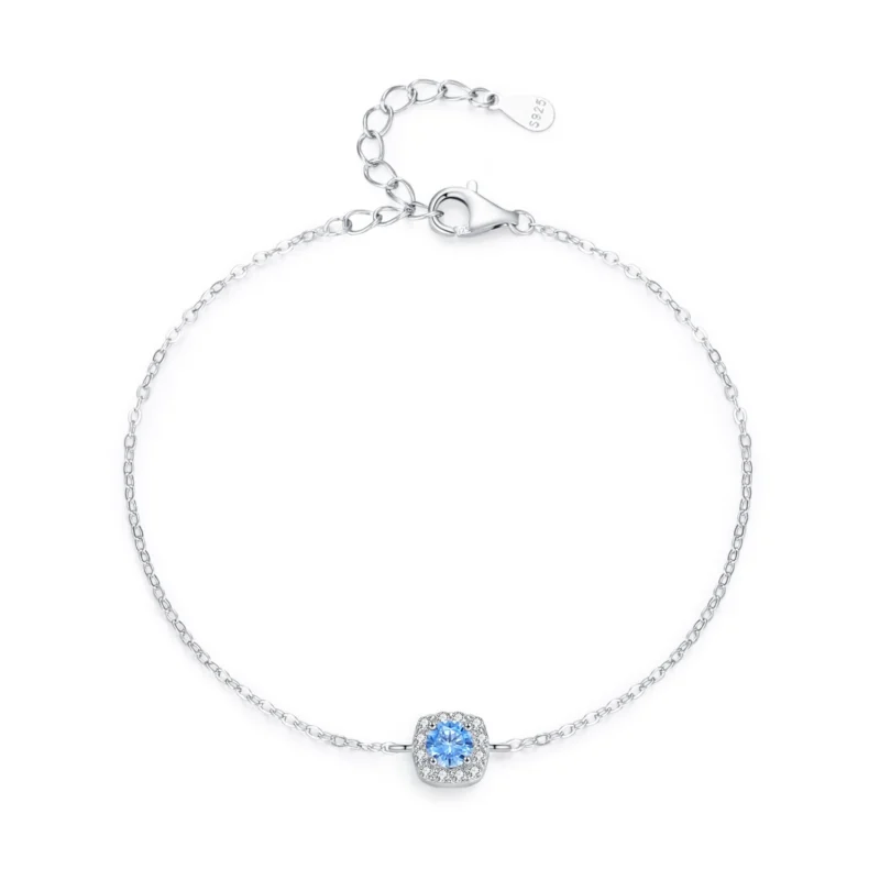 Elegant Sea Blue Zircon Geometric Chain Bracelet 925 Sterling Silver
