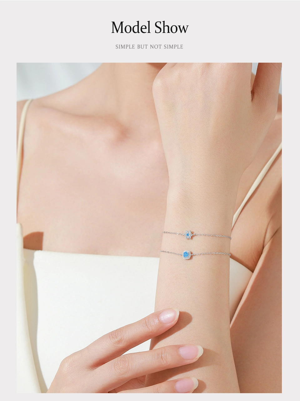 Elegant Sea Blue Zircon Geometric Chain Bracelet 925 Sterling Silver
