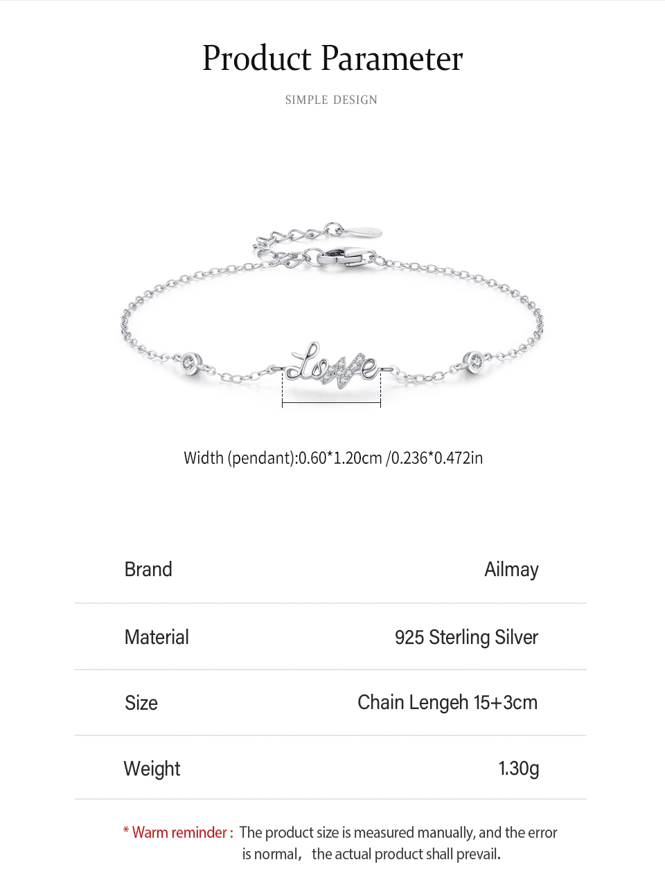 Romantic LOVE Letter Chain Bracelet 925 Sterling Silver