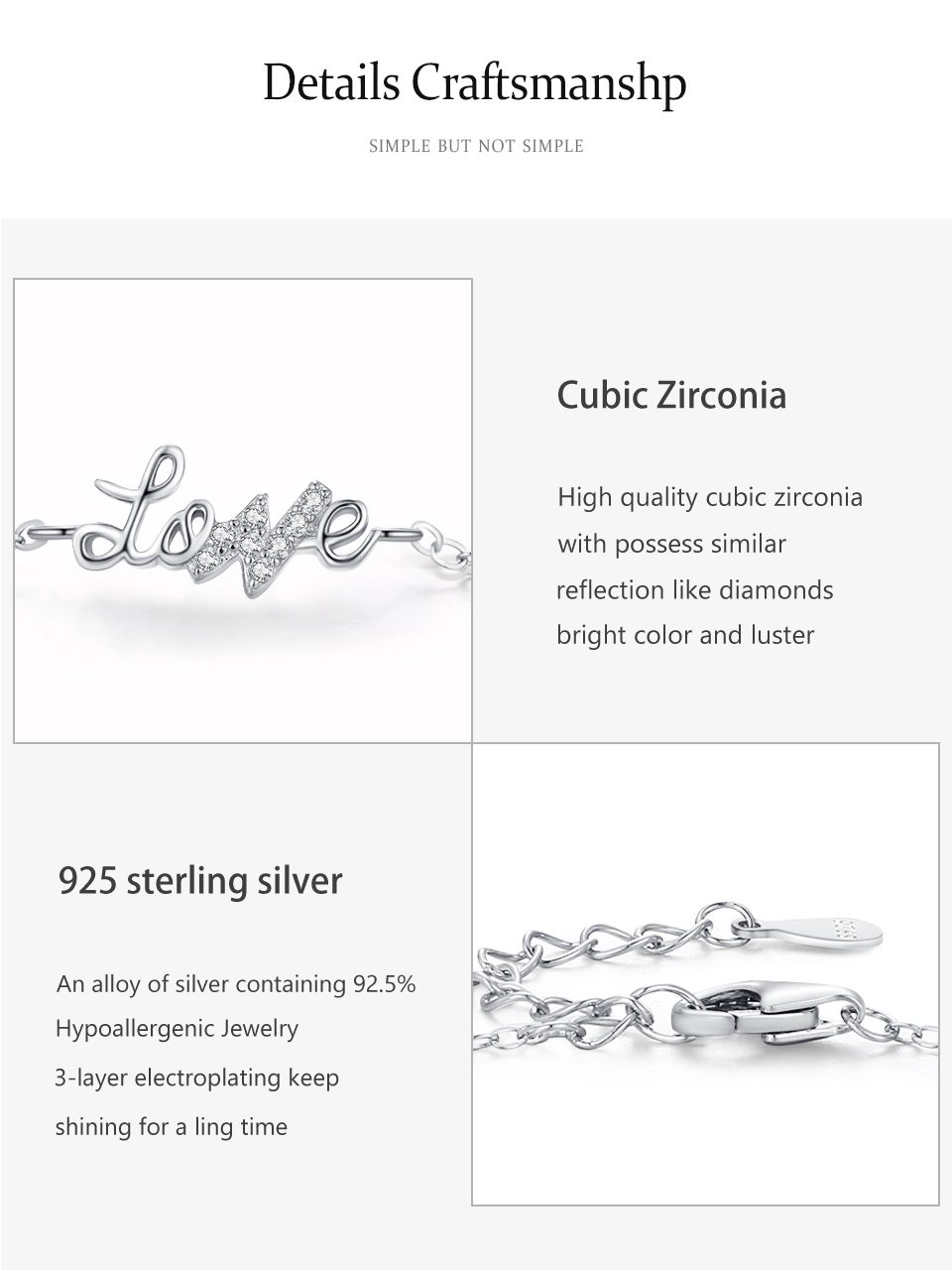 Romantic LOVE Letter Chain Bracelet 925 Sterling Silver