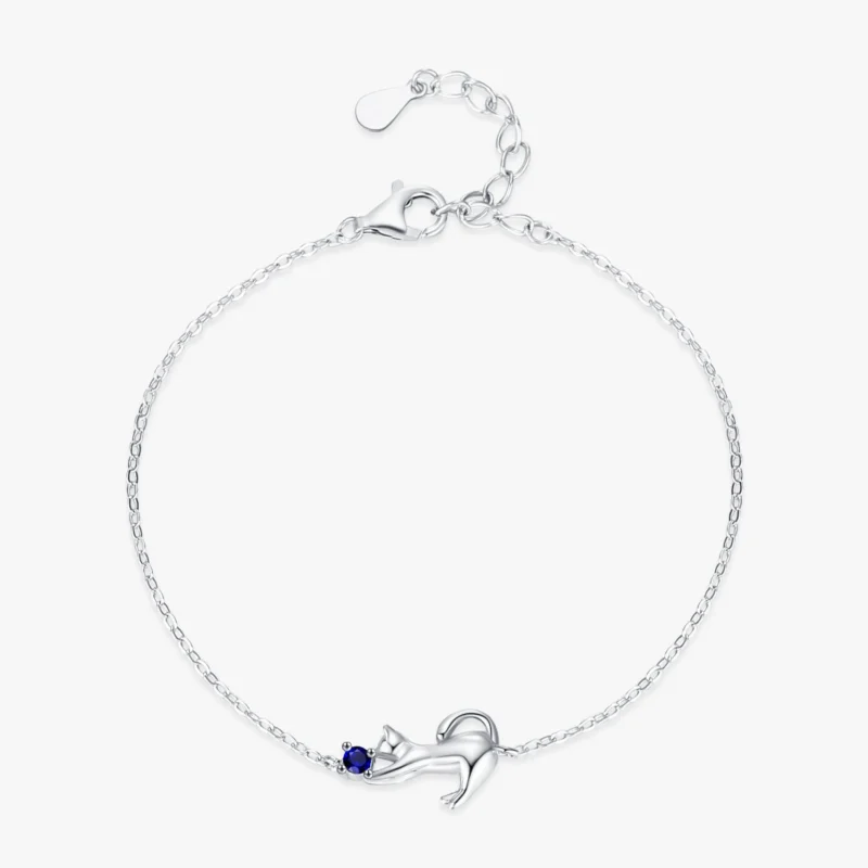 Blue Zircon Ball Lovely Cat Chain Bracelet 925 Sterling Silver