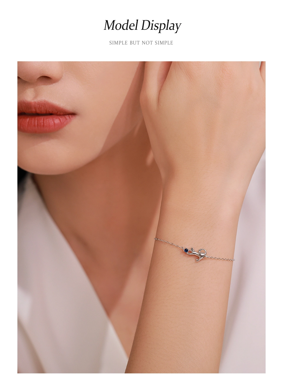 Blue Zircon Ball Lovely Cat Chain Bracelet 925 Sterling Silver